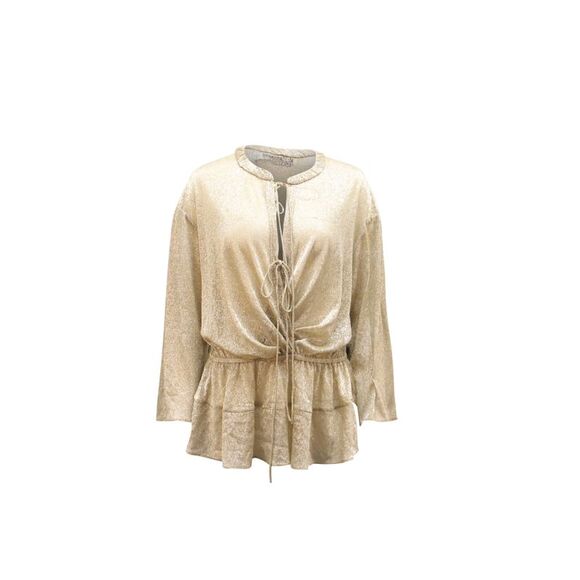 Iro Spacious Tie-Front Metallic Long-Sleeve Top in Gold Polyester